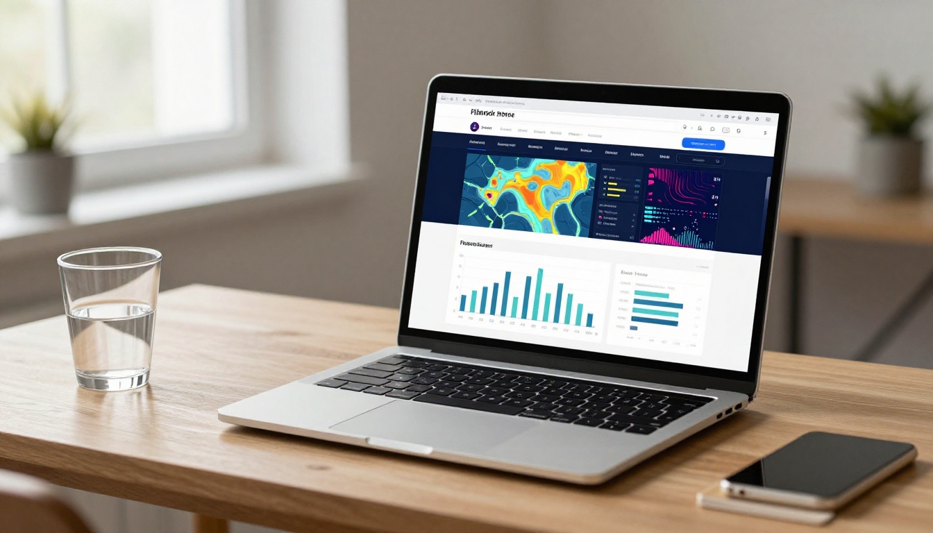 Laptop on a desk showing a flipbook analytics dashboard with bar charts, page view statistics, and engagement heat maps