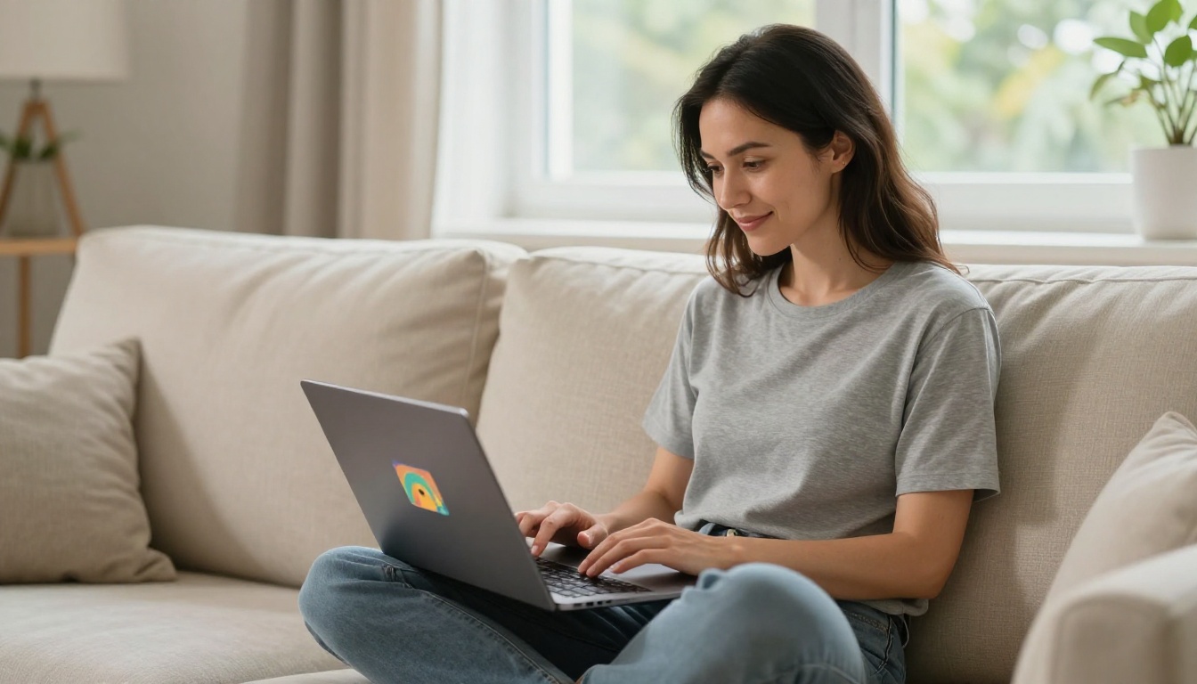 Woman sitting cross-legged on a sofa using a laptop to create and preview a workshop flipbook, looking satisfied and focused