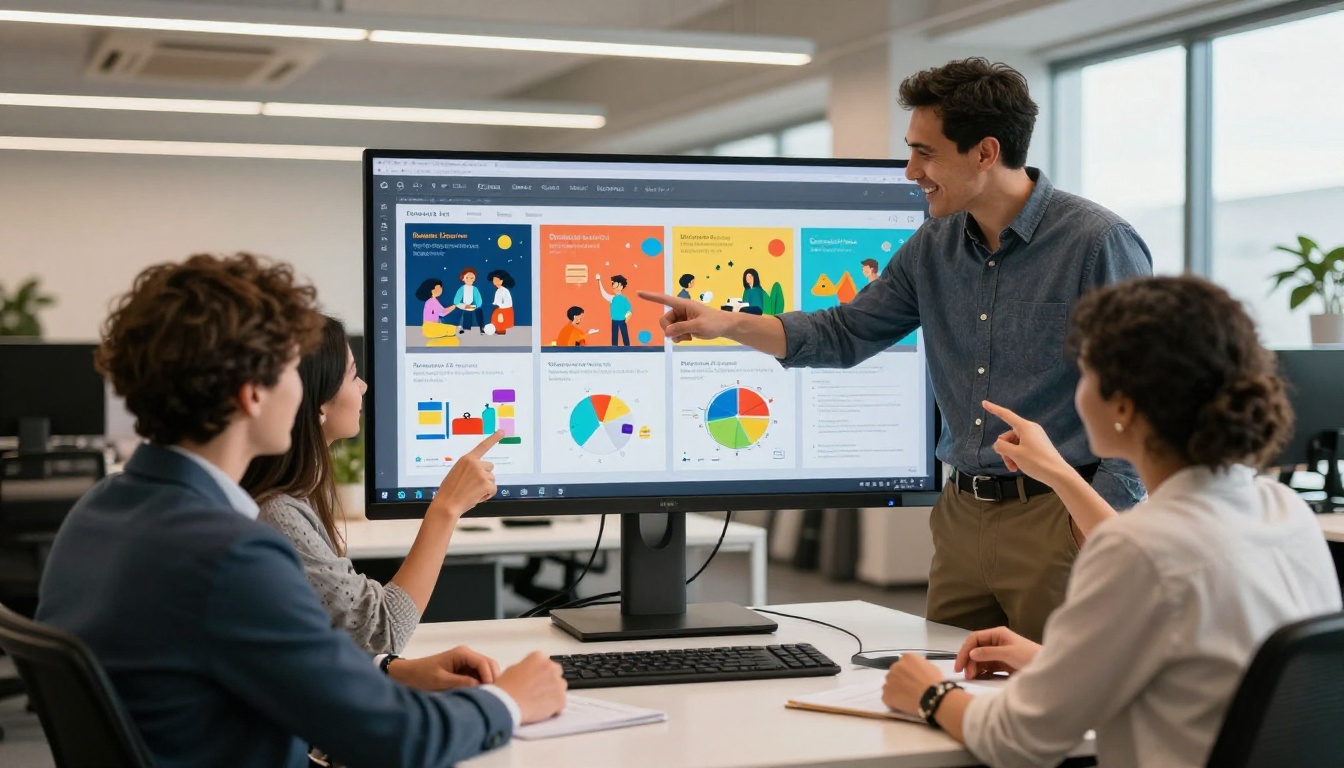 Three colleagues in a modern co-working space gathered around a monitor showing a digital workshop flipbook, pointing at the screen and discussing the content