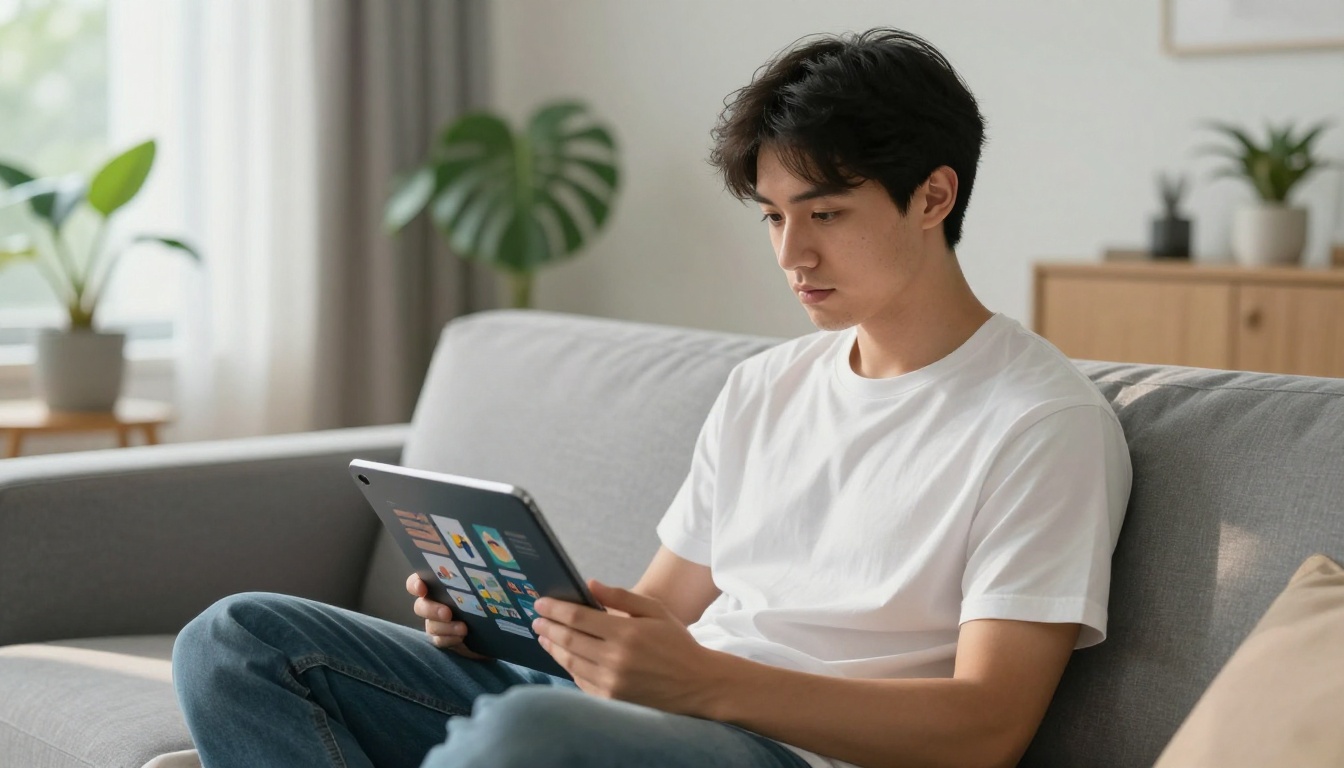 Student engaged with interactive course content on tablet Student engaged with interactive course content on tablet