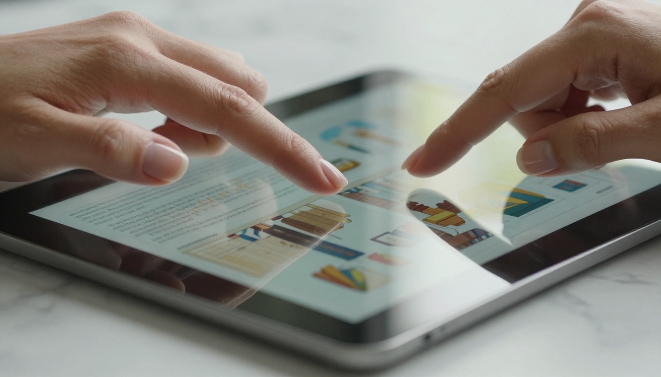 Close-up of hands swiping through a digital flipbook on a tablet Close-up of hands swiping through a digital flipbook on a tablet