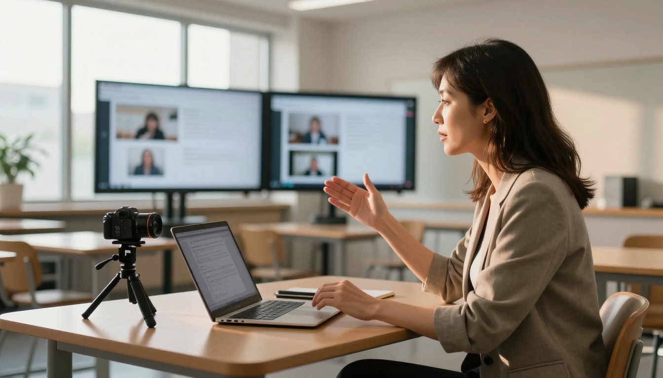 Educator recording an online course lesson in a modern classroom Educator recording an online course lesson in a modern classroom