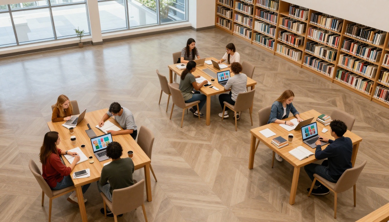 Students using laptops in a modern university library to access course flipbooks