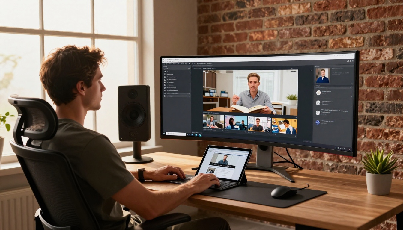Professional educator working at a multi-monitor setup displaying course flipbooks