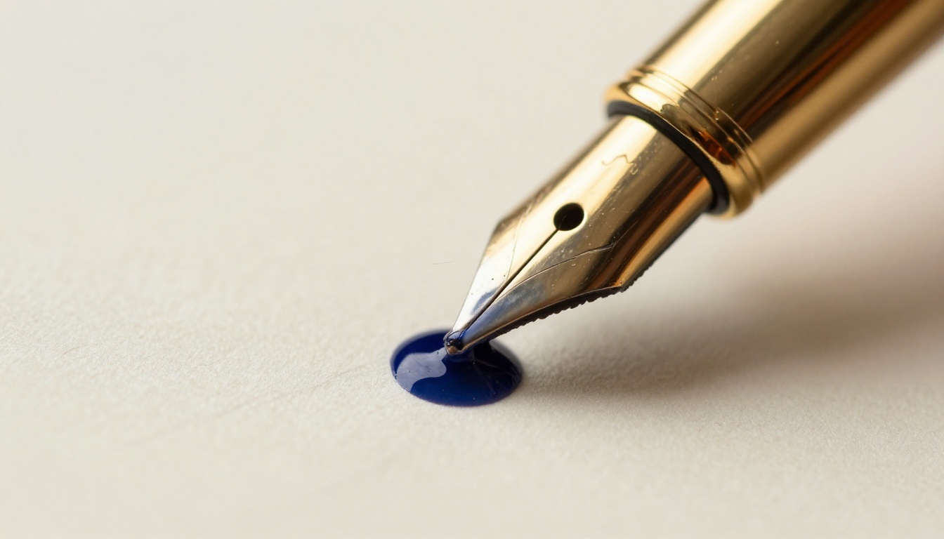 Close-up macro shot of a gold fountain pen nib touching cotton writing paper Close-up macro shot of a gold fountain pen nib touching cotton writing paper