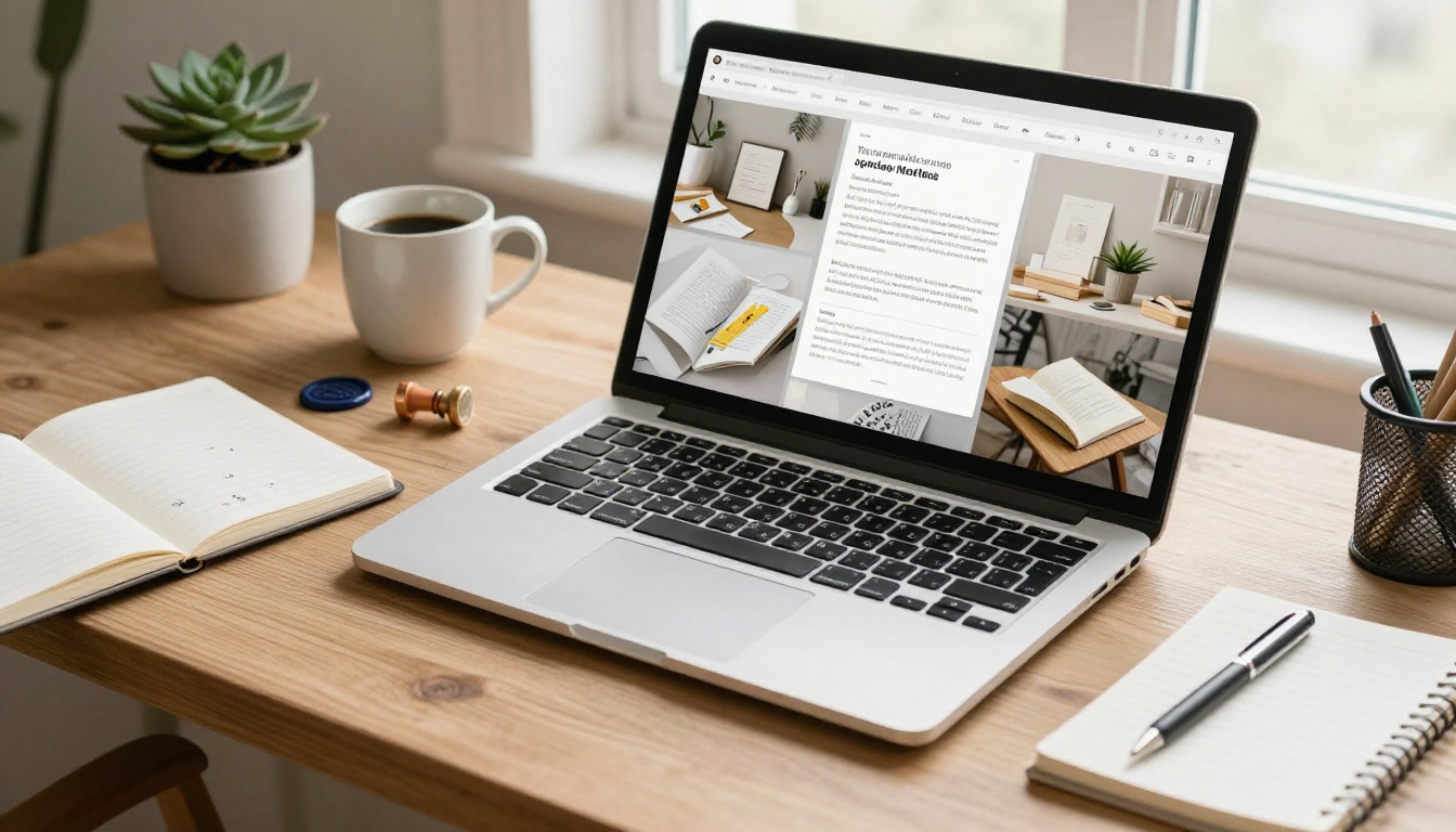 Laptop showing a digital flipbook interface with stationery product pages Laptop showing a digital flipbook interface with stationery product pages