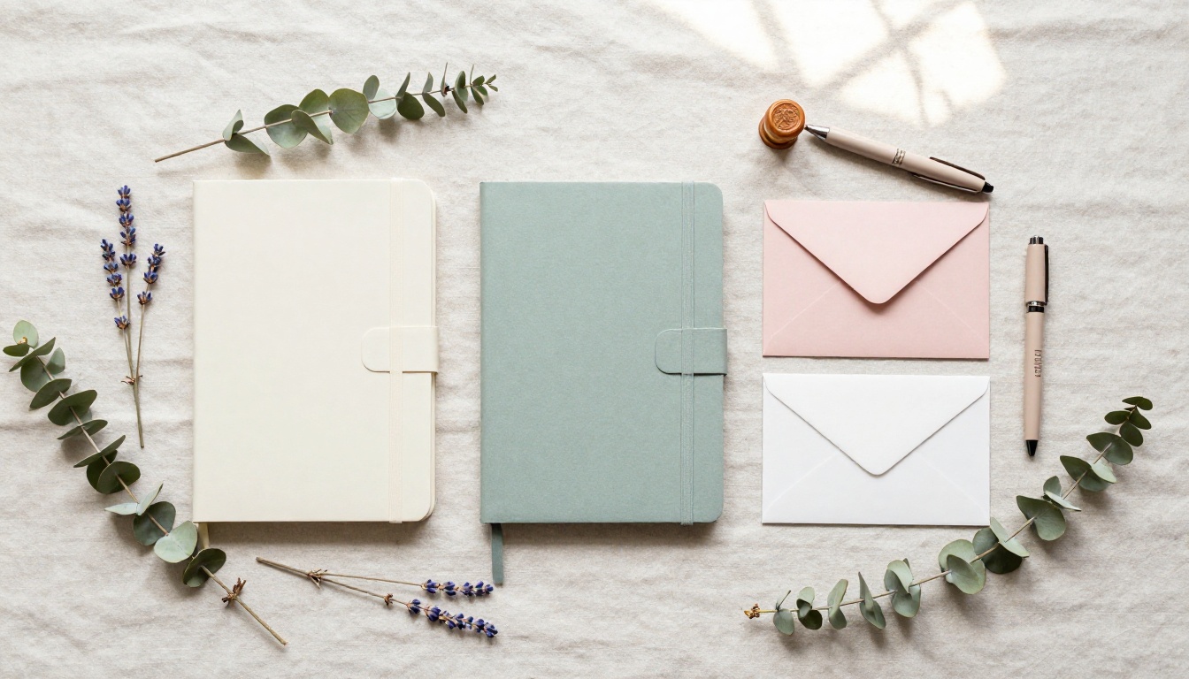 Flat lay of stationery brand product line on natural linen Flat lay of stationery brand product line on natural linen