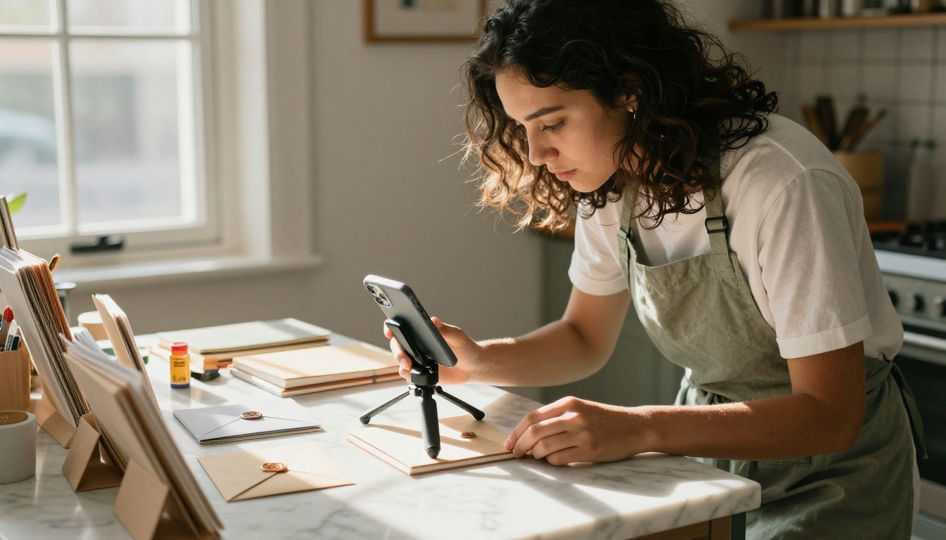 Small business owner photographing stationery products with smartphone Small business owner photographing stationery products with smartphone