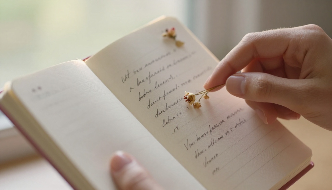 Close-up of hands holding open a premium embossed linen-covered notebook