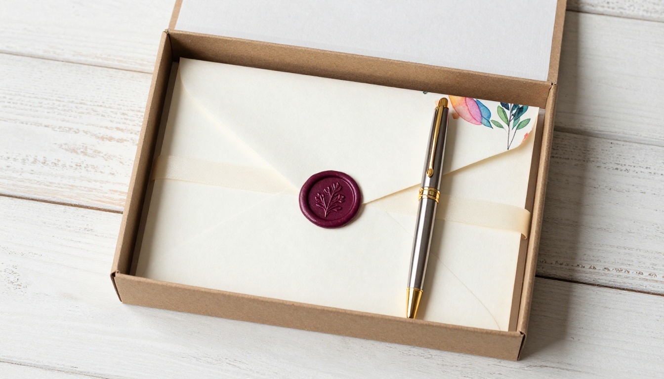 Curated luxury stationery gift set displayed in an open kraft paper box