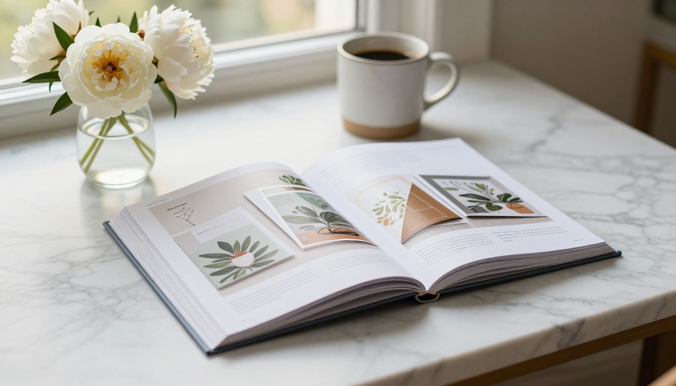 Stationery brand lookbook spread open on marble surface beside white peonies