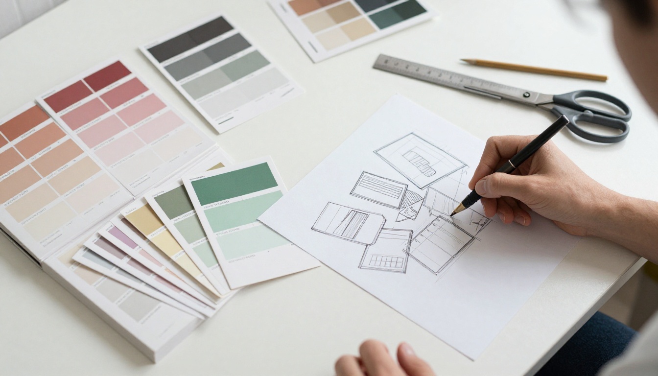 Stationery designer's professional workspace with Pantone chips and paper swatches