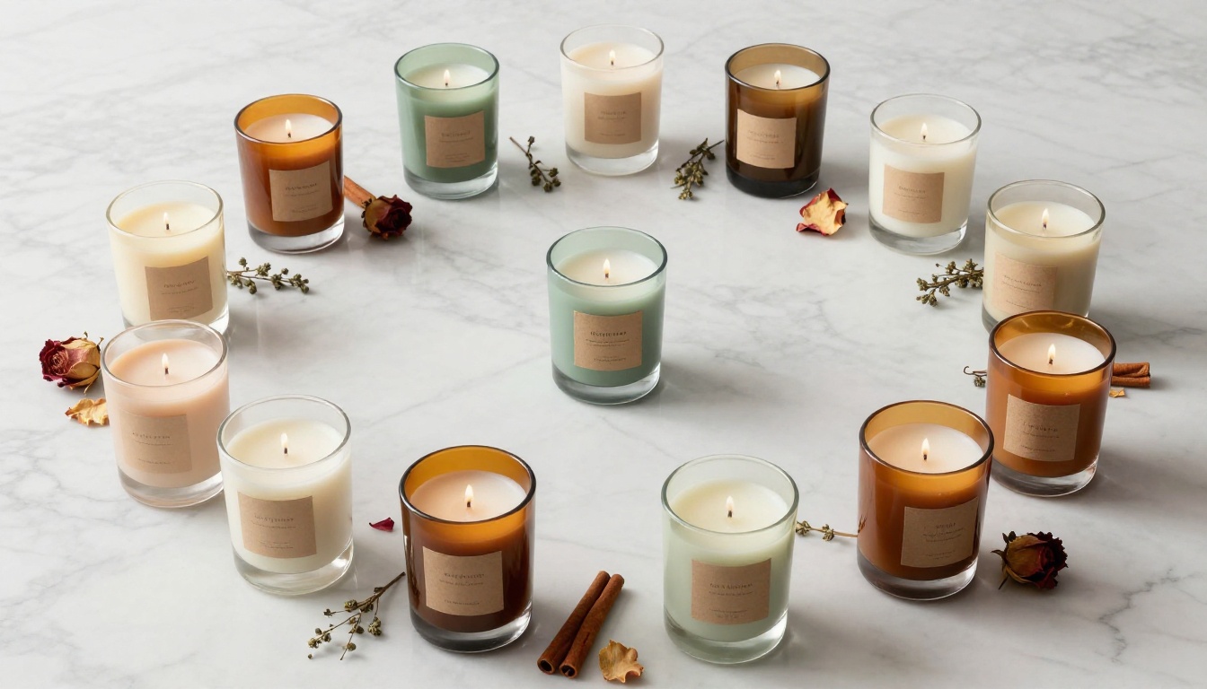 Aerial overhead of artisan candle collection arranged by color family on marble