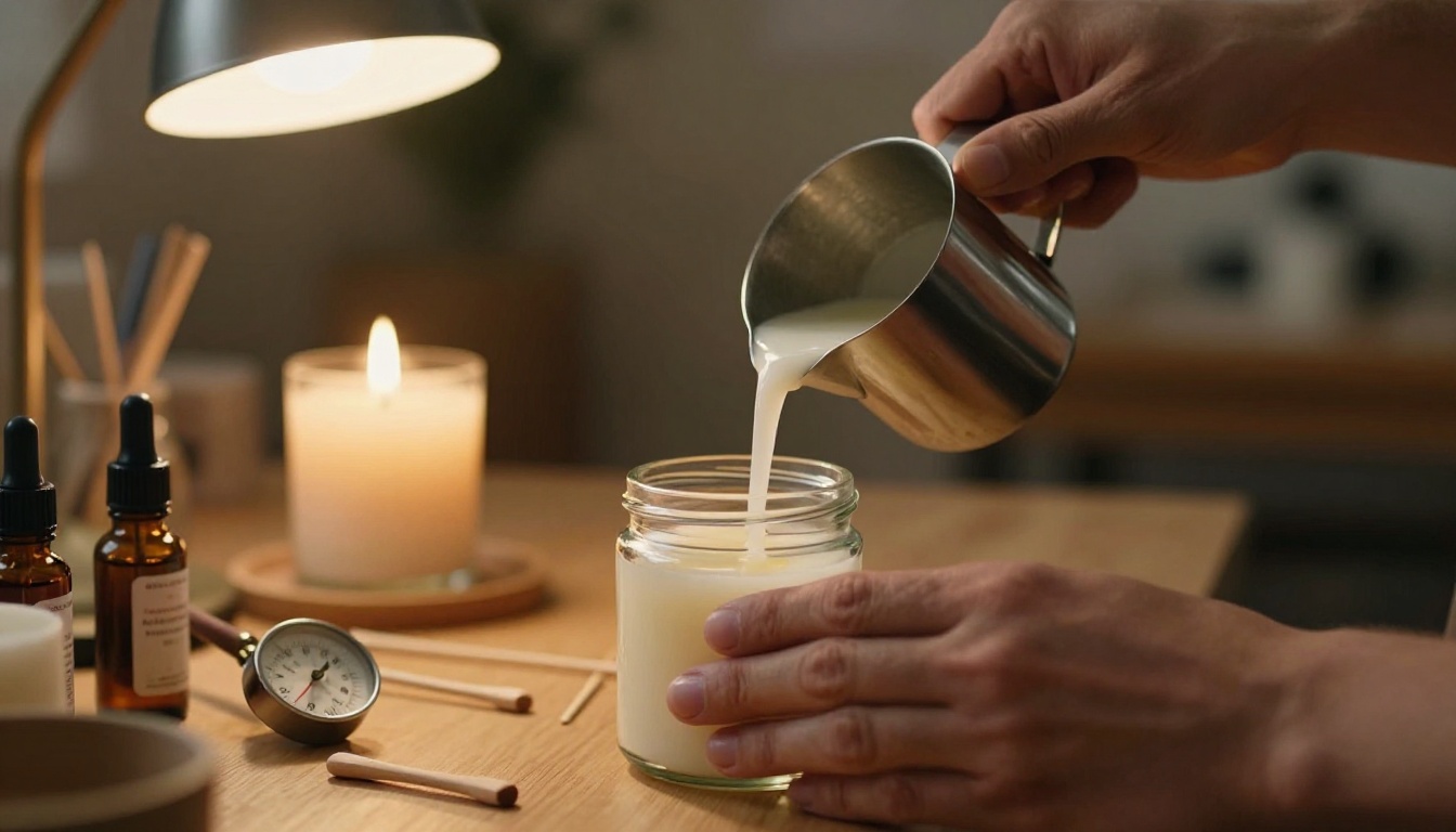 Artisan hands carefully pouring hot liquid wax into glass candle jars