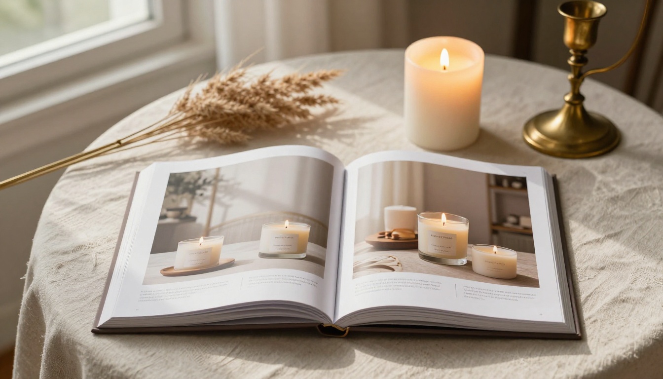Luxury candle lookbook spread open on natural linen tablecloth beside a lit pillar candle