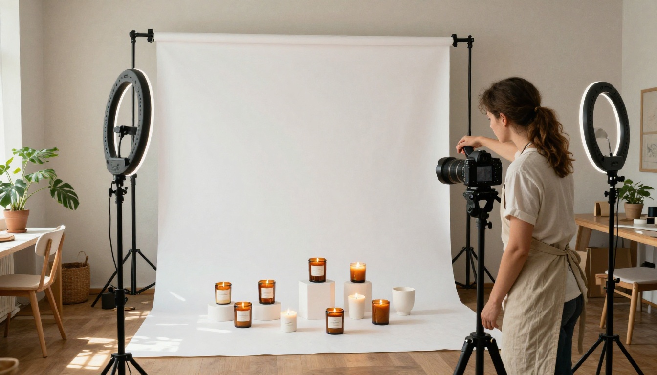Small business photographer setting up professional candle product photography