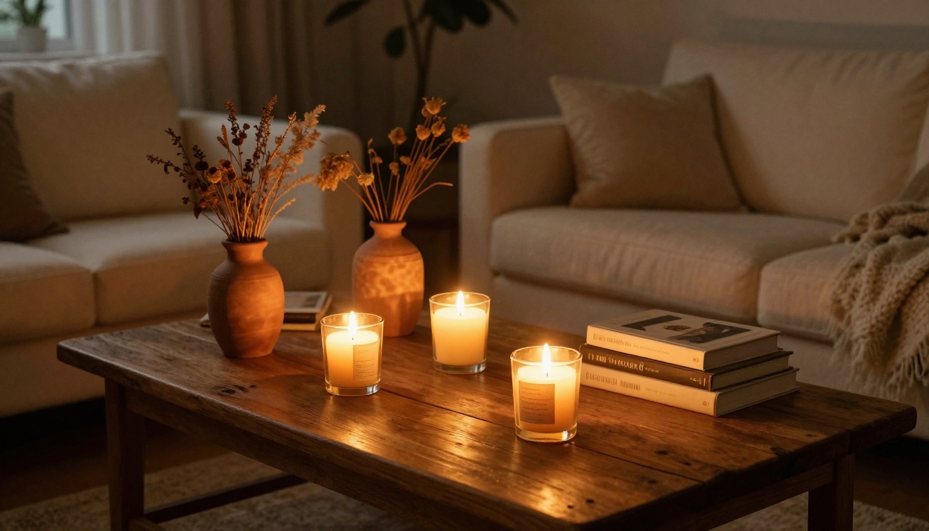 Cozy living room at dusk with multiple artisan candles casting warm amber glow