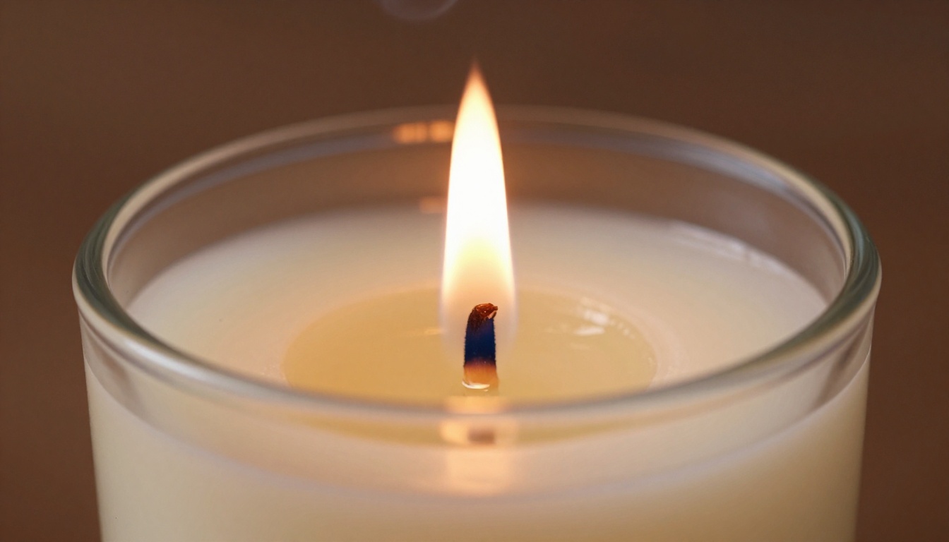 Extreme close-up macro of a single candle flame with smoke wisps against dark background