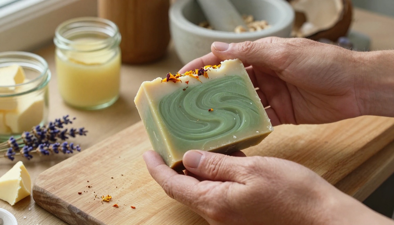 Soap maker's hands holding a freshly cut artisan soap bar over a wooden cutting board with raw ingredients