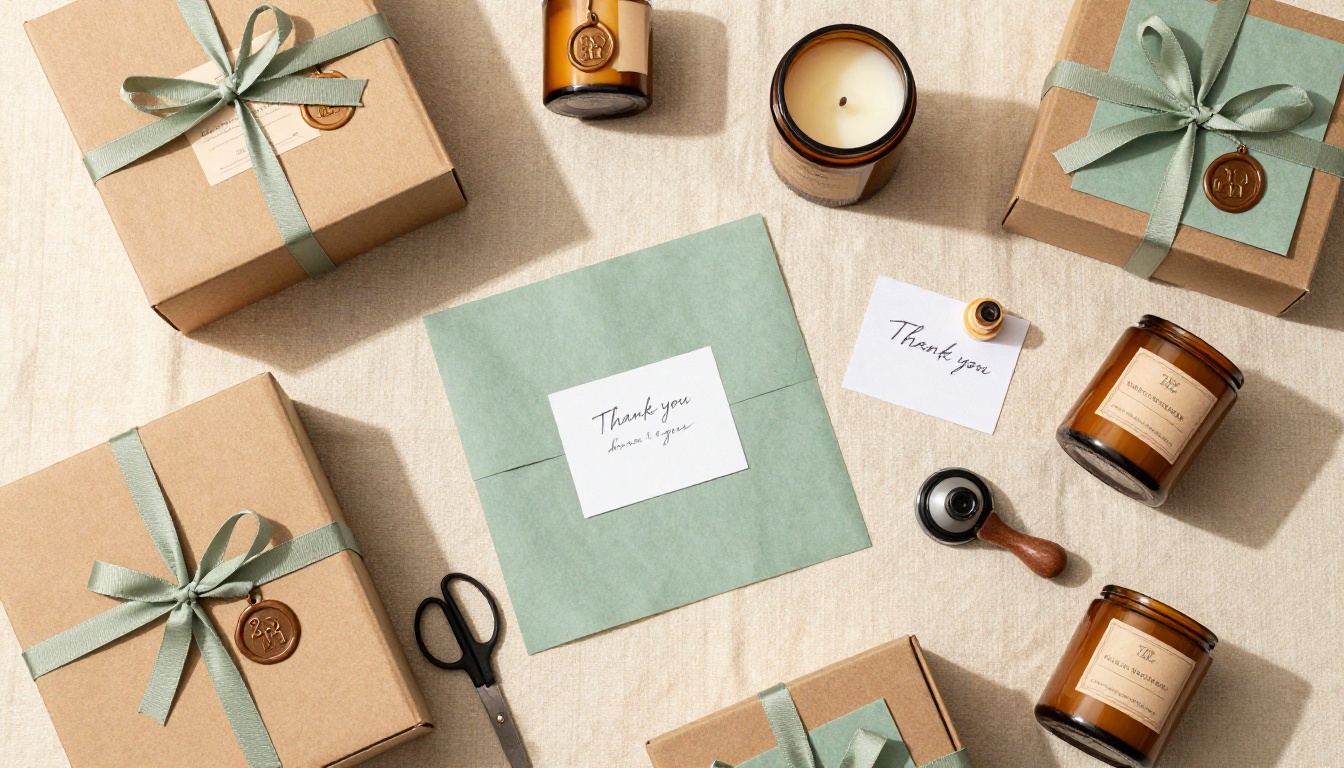 Premium candle brand packaging flat lay with kraft boxes, ribbon, and branded tissue paper