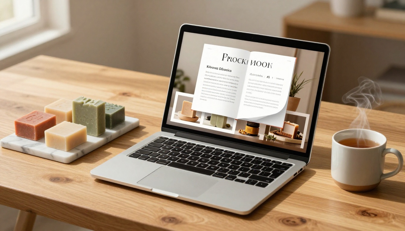 Laptop on wooden desk displaying a digital flipbook catalog with soap products beside it
