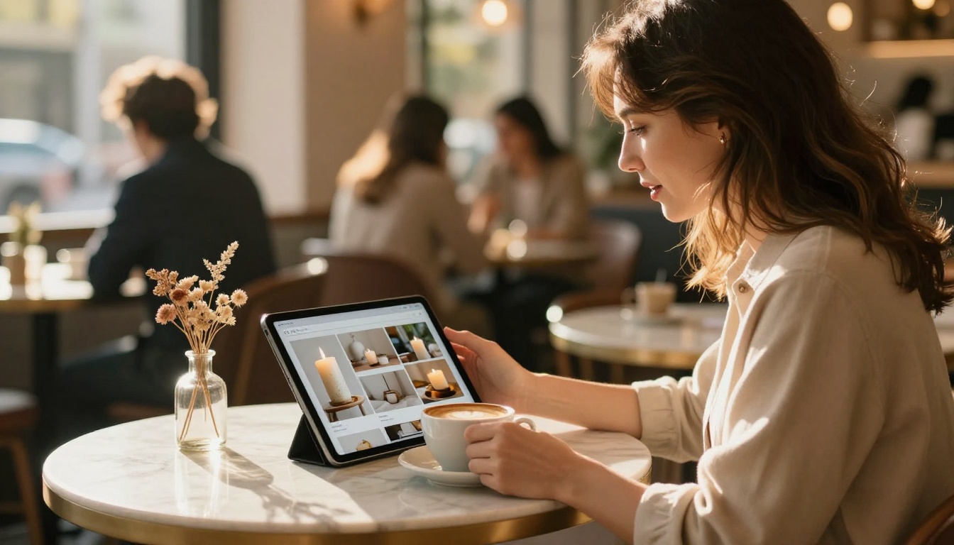 Woman at a marble cafe table viewing a beautiful digital candle catalog on her tablet