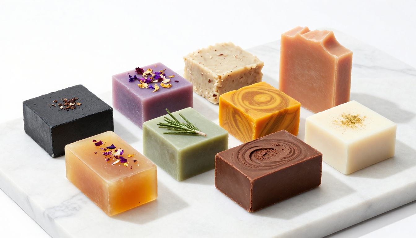 Eight artisan soap bars in a precise row on white marble, each with distinct colors and textures