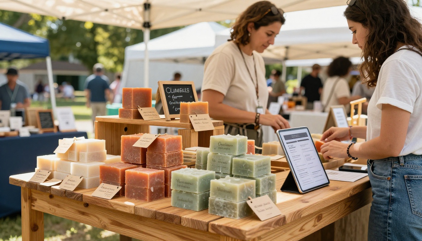 Vibrant outdoor farmers market soap brand booth with tablet displaying digital catalog for customers