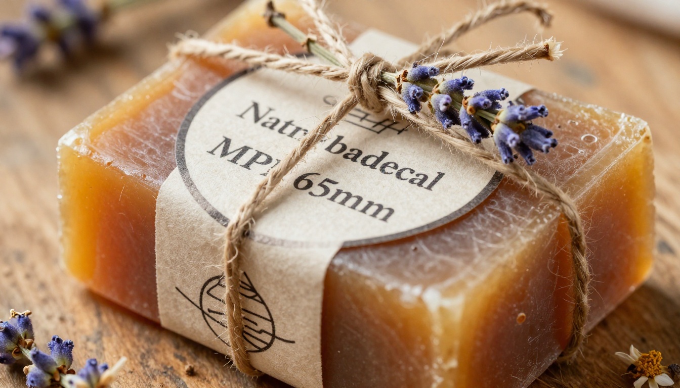 Artisan soap bar wrapped in kraft paper with hand-stamped logo and botanical ingredient label