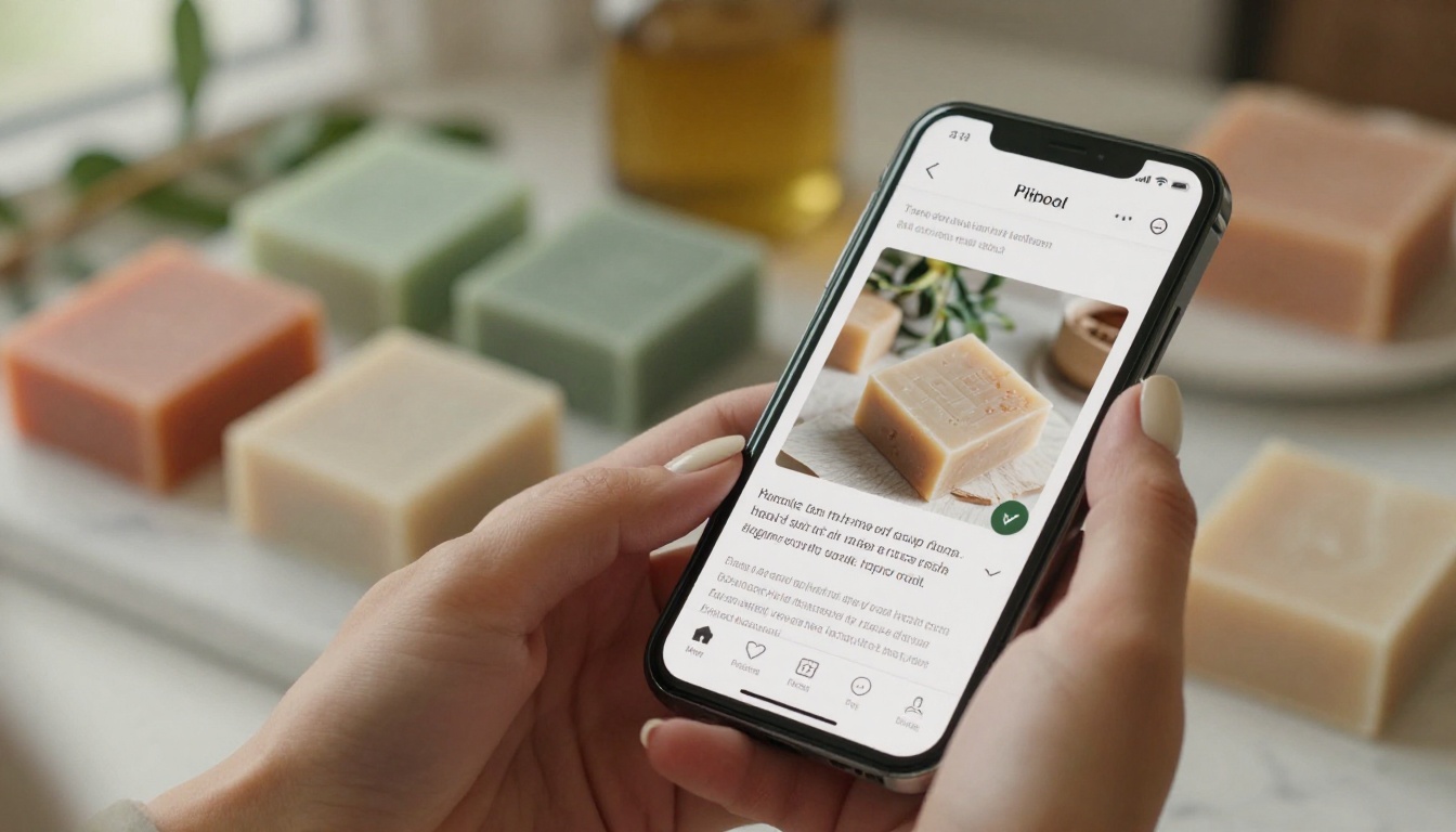 Woman's hands holding smartphone displaying an interactive soap catalog flipbook page Woman's hands holding smartphone displaying an interactive soap catalog flipbook page