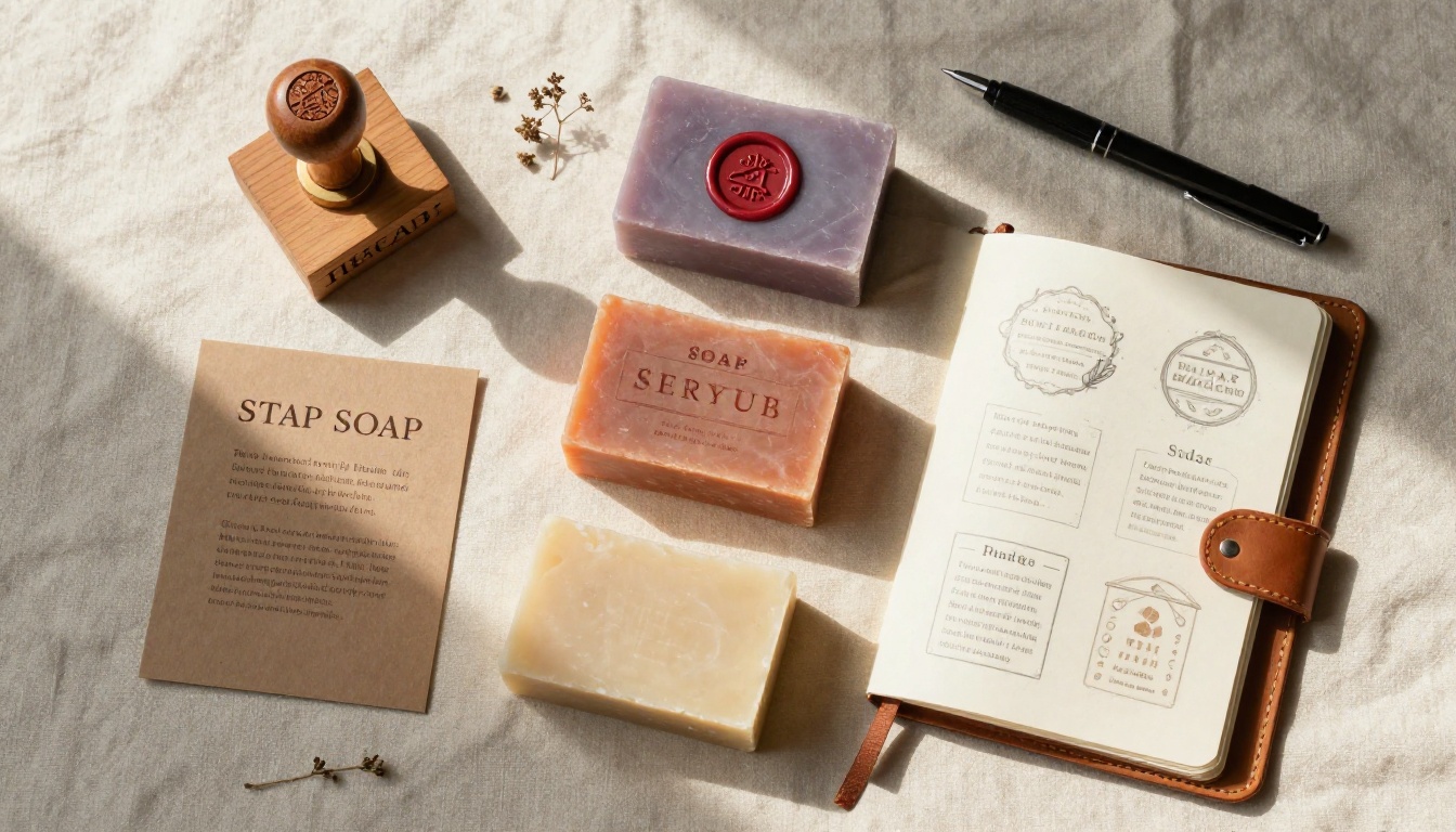 Top-down flat lay of soap brand identity materials including logo stamps, wax seals, labels, and branding notebook Top-down flat lay of soap brand identity materials including logo stamps, wax seals, labels, and branding notebook