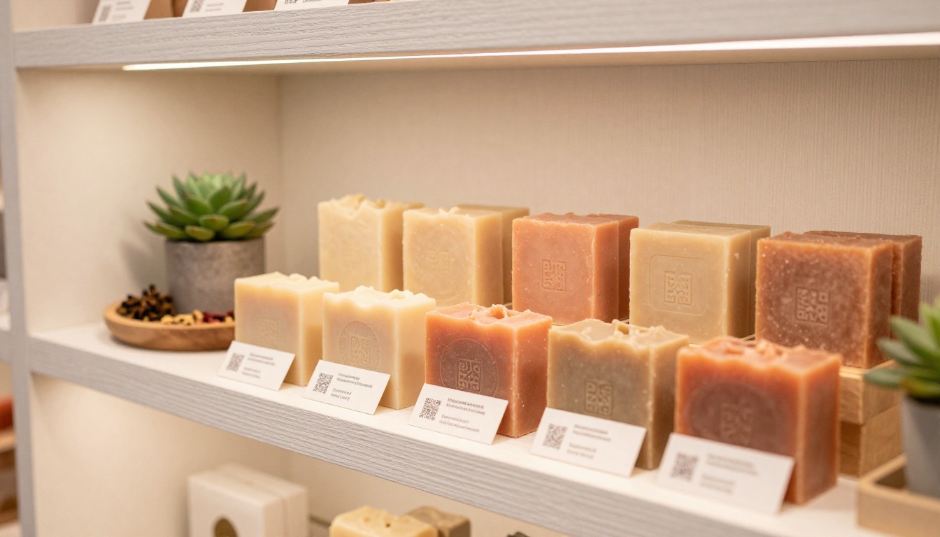 Boutique retail shelf of artisan soap products with QR code card inviting shoppers to view digital catalog Boutique retail shelf of artisan soap products with QR code card inviting shoppers to view digital catalog