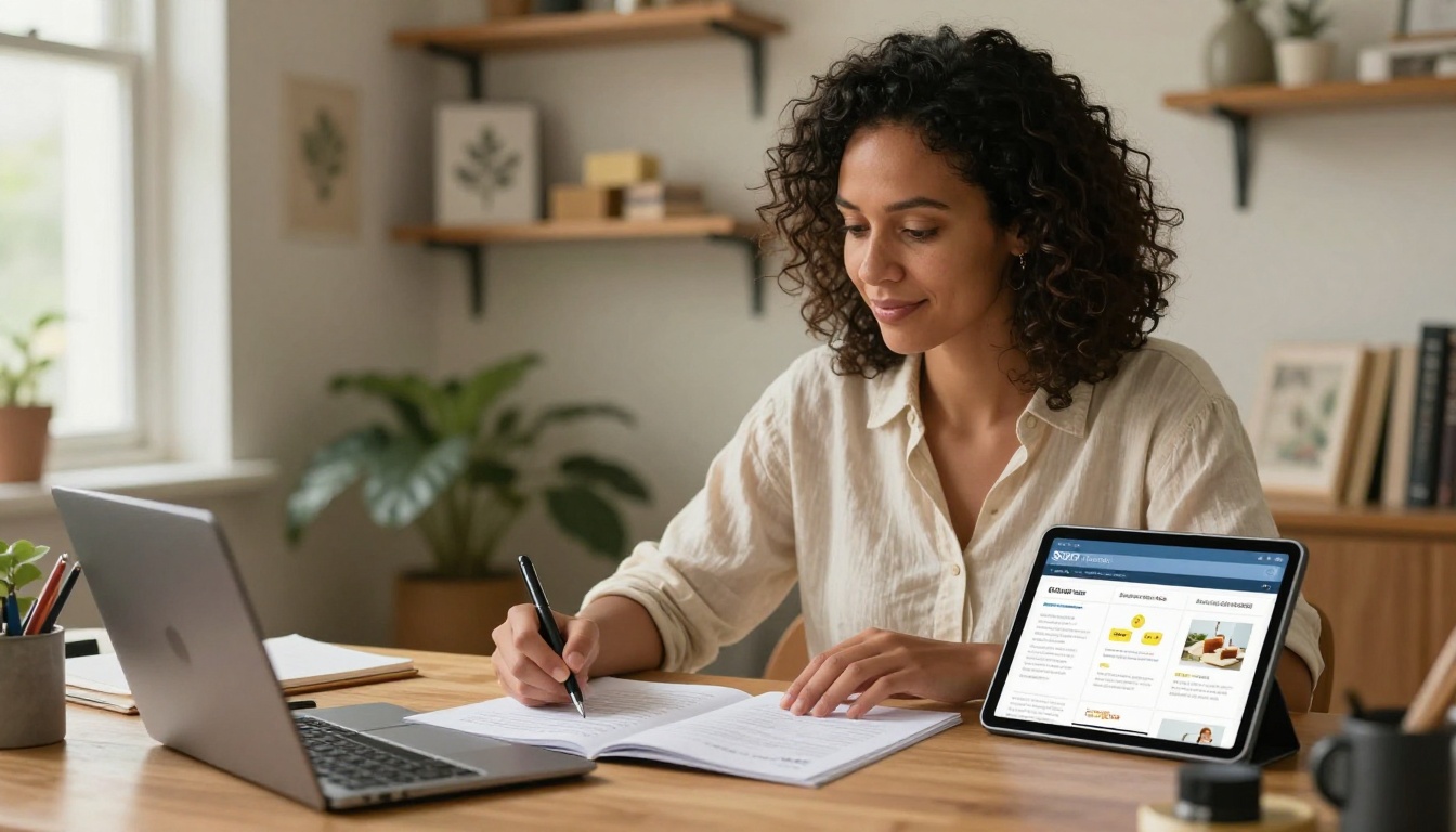 Soap brand owner at her desk reviewing printed catalog and digital flipbook tablet side by side Soap brand owner at her desk reviewing printed catalog and digital flipbook tablet side by side