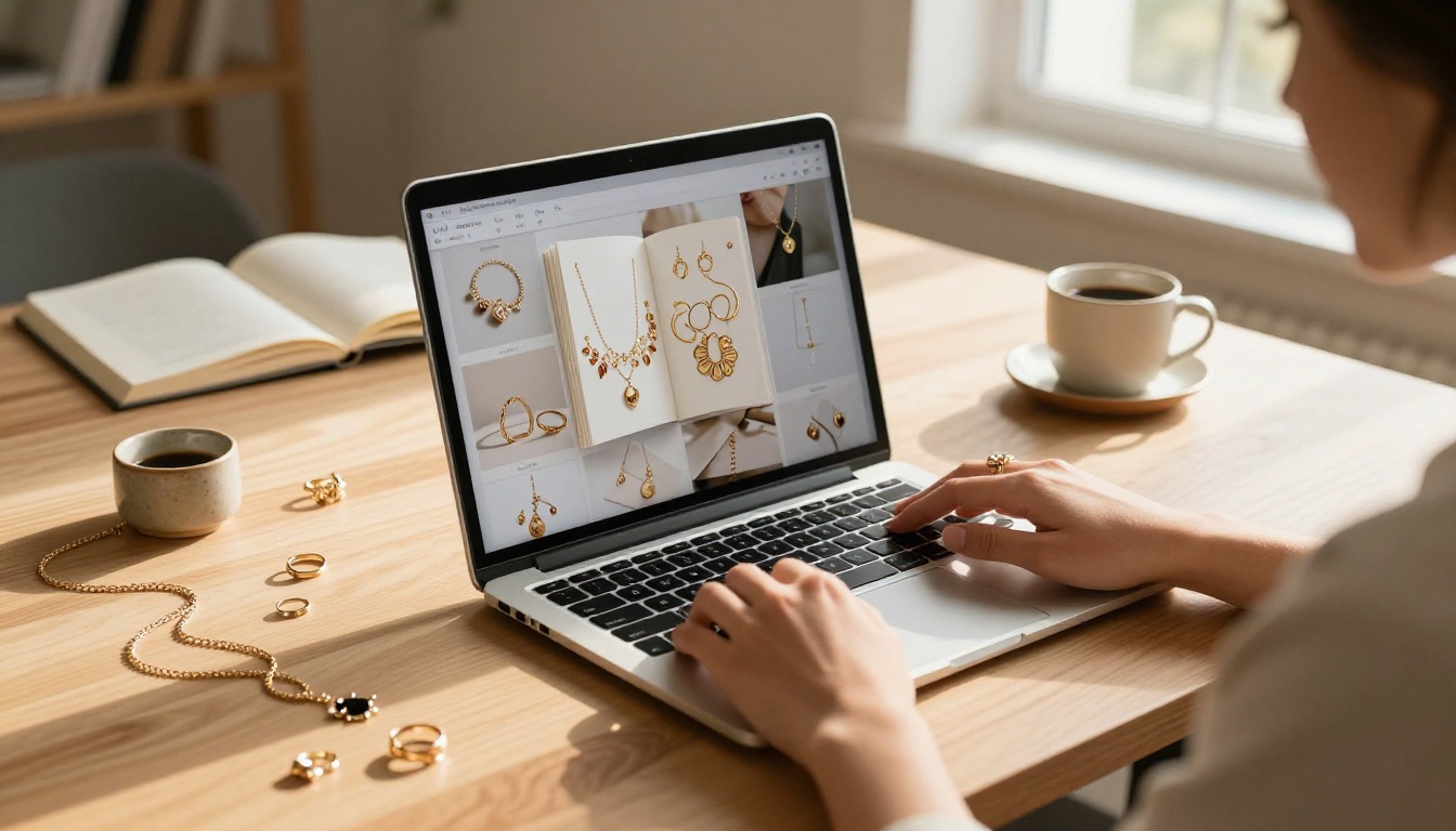 A jewelry designer working on a digital flipbook catalog at a laptop workstation