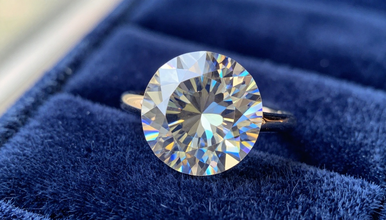 Macro close-up of a brilliant-cut diamond solitaire ring on deep navy blue velvet fabric, prismatic light reflections