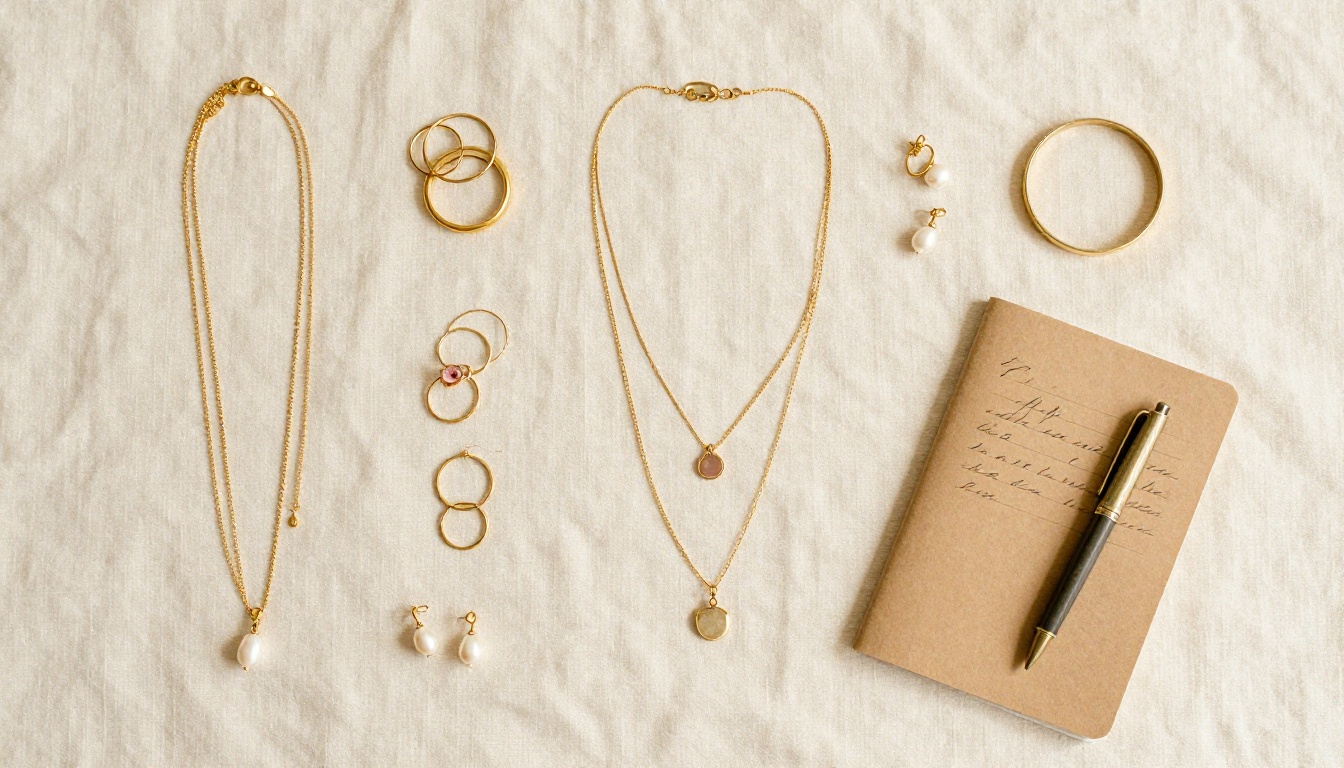 Aerial flat lay of a curated jewelry collection with layered necklaces, rings, and a handwritten notebook