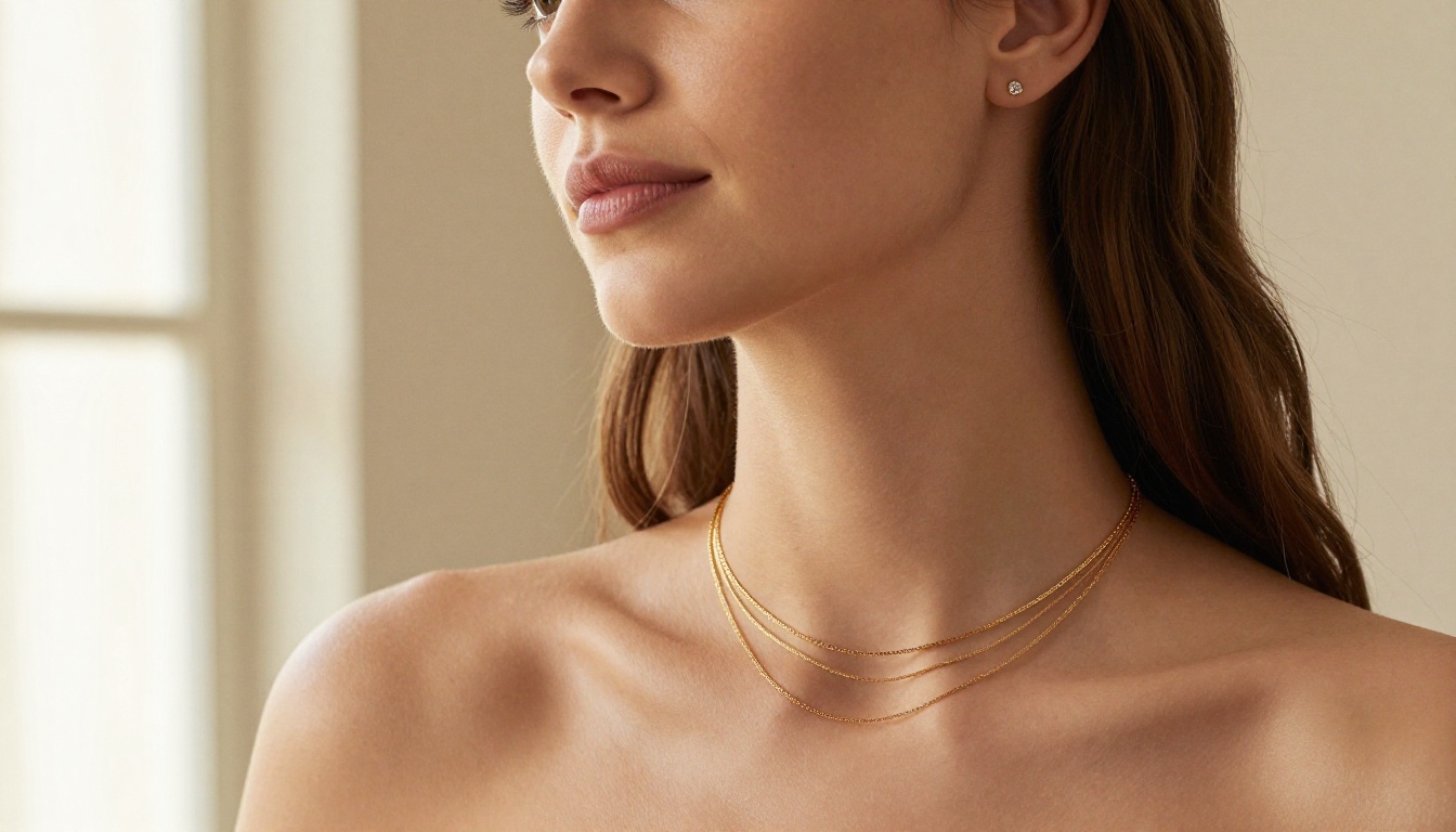Portrait of a woman wearing layered gold necklaces and diamond stud earrings against a warm cream background
