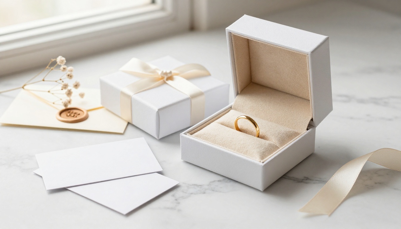 Elegant jewelry brand packaging unboxing scene with a white gift box and gold ring on marble surface