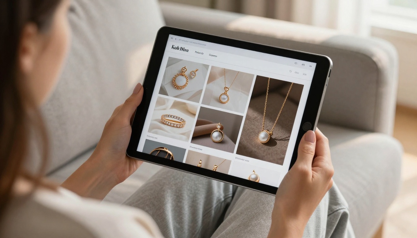 Woman browsing a digital jewelry catalog on a tablet while seated on a linen sofa