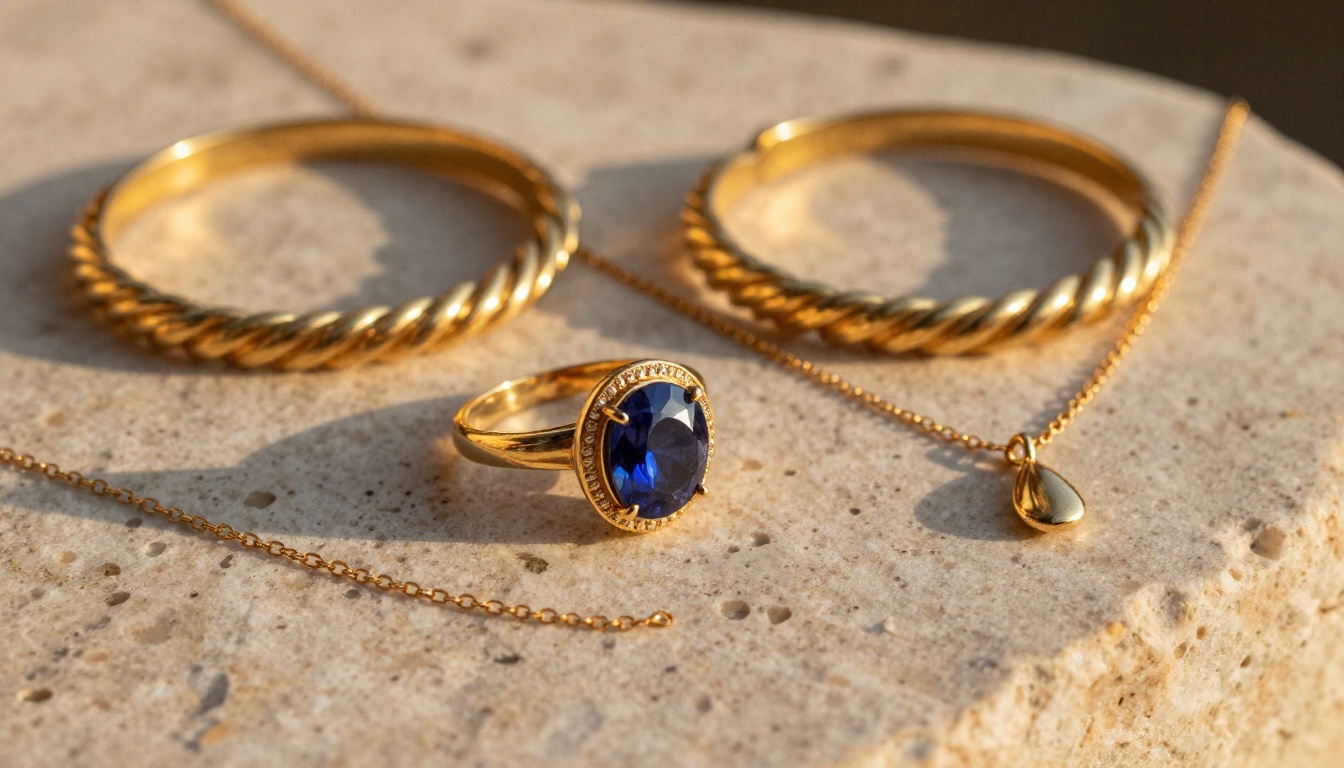 Low-angle close-up of a gold sapphire ring and jewelry collection on travertine stone, golden hour light