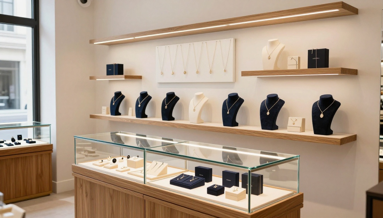 Elegant jewelry boutique interior with glass display cases, velvet displays, and warm wood accents
