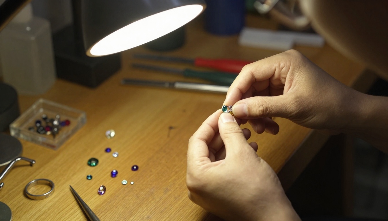 Artisan craftsperson holding a delicate jewelry pendant at a workshop bench with tools and gemstones