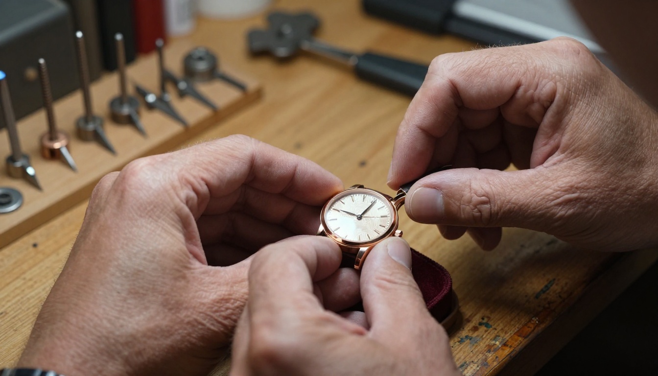 Master watchmaker placing rose gold timepiece on velvet presentation tray in Swiss atelier