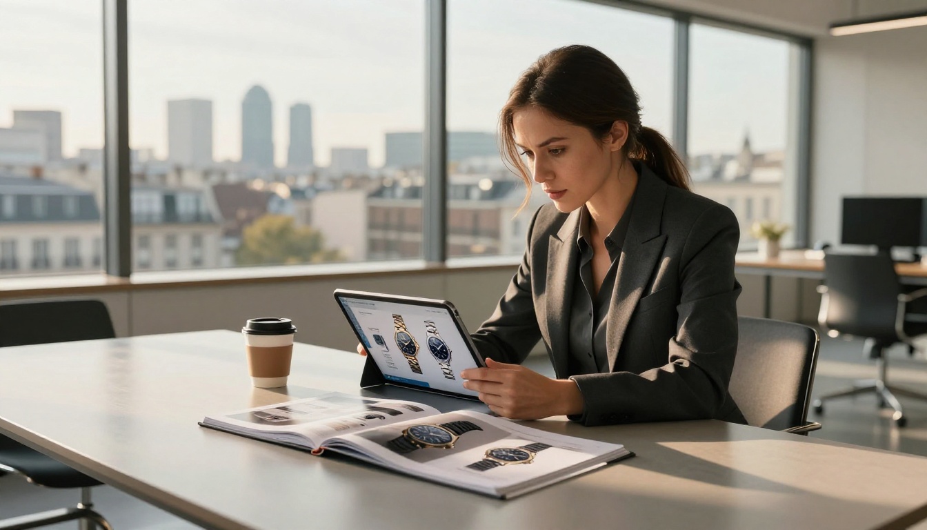 Marketing executive reviewing digital lookbook on tablet in glass-walled European office