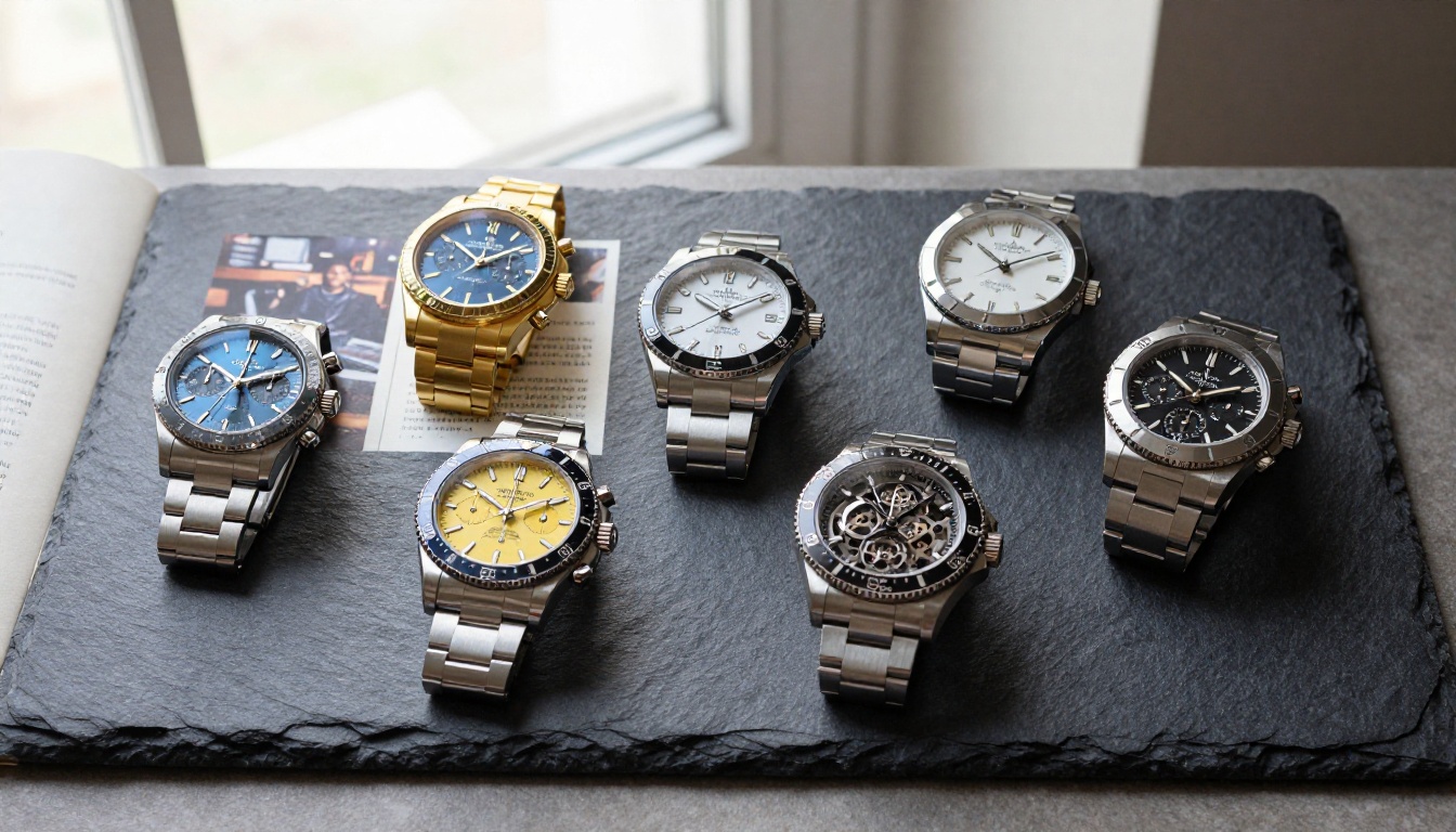 Watch collection lookbook flat-lay with six luxury timepieces on spread pages