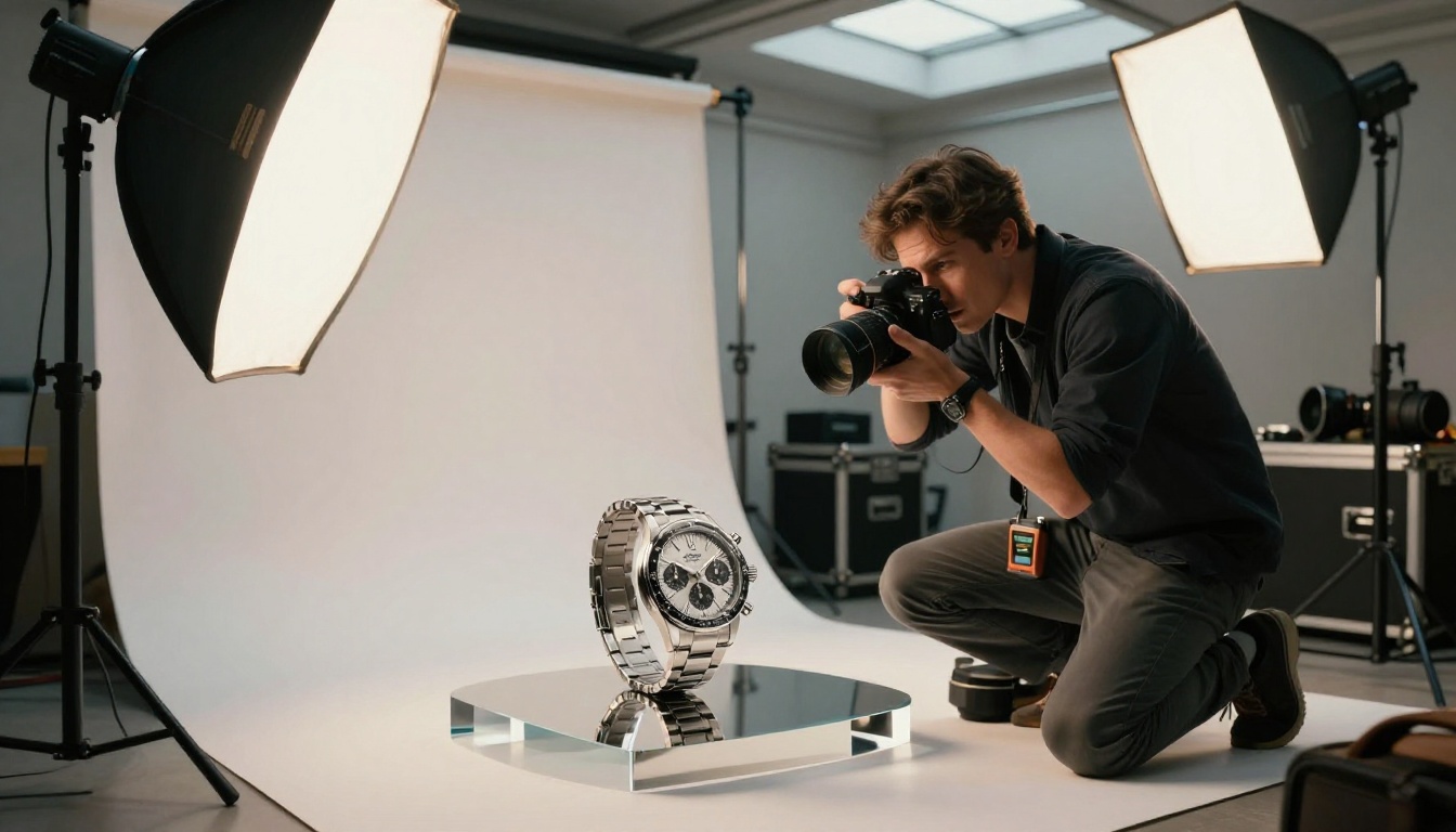 Luxury watch photography studio shoot in progress with photographer framing platinum chronograph