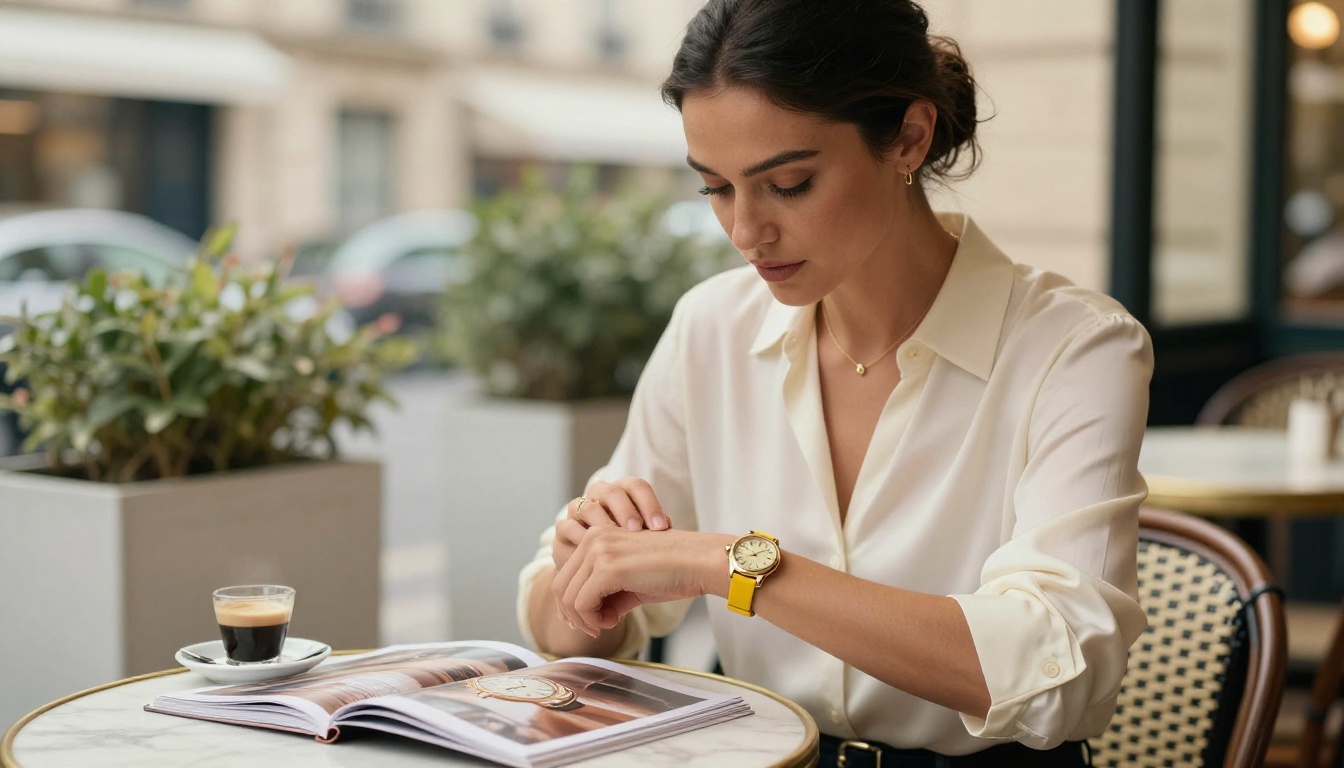 Elegant woman at Parisian cafe checking time on yellow gold watch, open lookbook on marble table