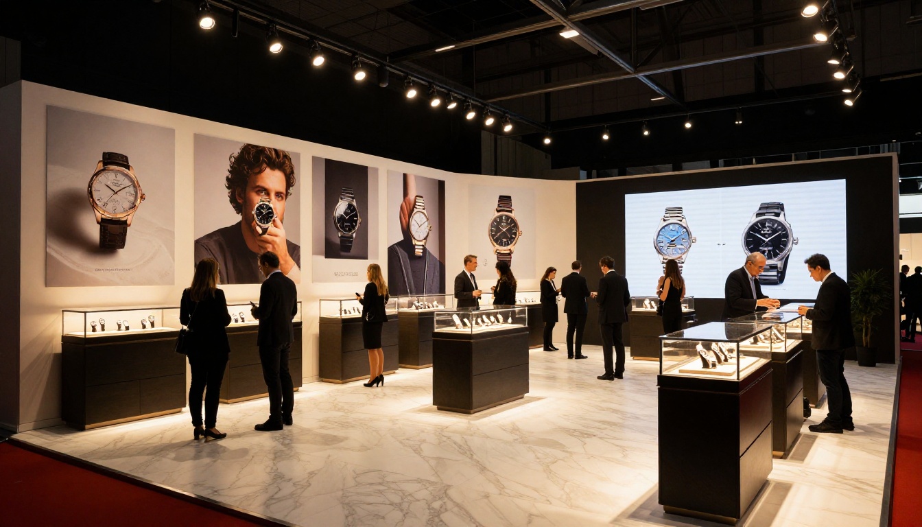 Luxury watch brand exhibition booth with digital flipbook wall display at international fair