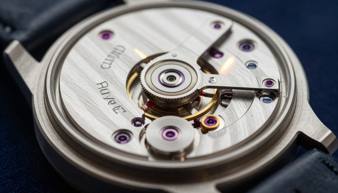 Exposed luxury mechanical watch movement macro detail showing rotor, bridges, and jewels on velvet