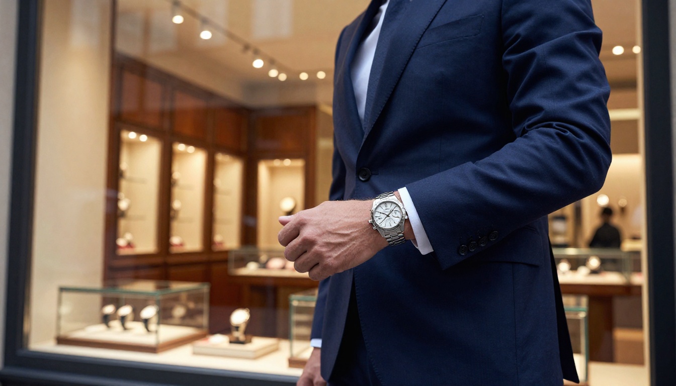 Well-dressed man in Geneva boutique extending wrist showing steel sports watch, display cases in background